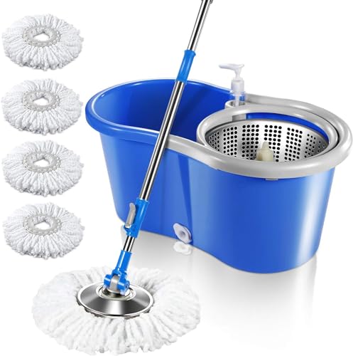 MASTERTOP Mop and Bucket with Wringer Set, Spin Mop with 4 Washable Microfiber Pads, Floor Mop Bucket for Hardwood Laminate Tile Floors, Wet/Dry Floor Cleaning System