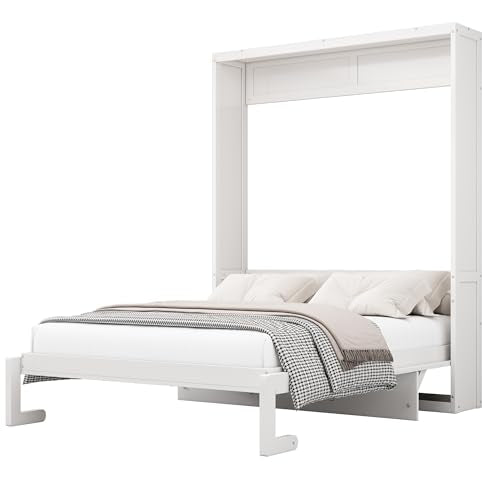SOFTSEA Full Size Murphy Bed with Desk, Foldable Wall Bed for Guest Room, White W281