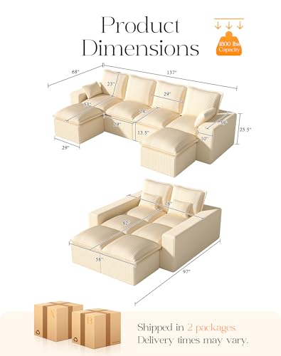 Comfy Cloud Couch with L-Shape Chaise, Modular Sectional Sofa in a Box, Soft Corduroy, Black U67688