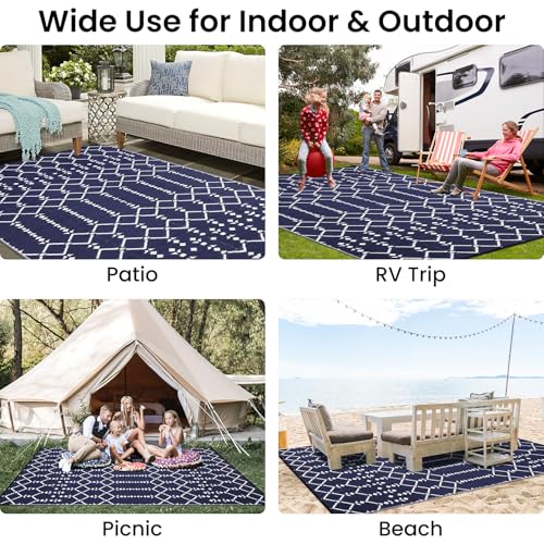 Smiry Waterproof Outdoor Rug 5x8 ft, Reversible Plastic Straw Patio Mat, Black & Beige P20186