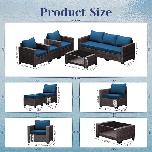 KIGOTY Patio Furniture Set 7 Pieces Outdoor Sectional Sofa with Cushions and Glass Coffee Table B60021