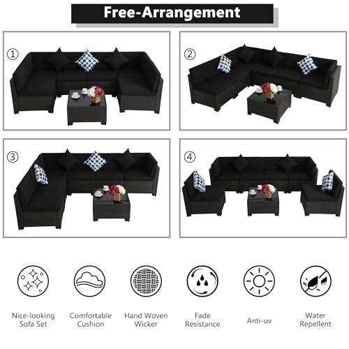 KIGOTY Patio Furniture Set 7 Pieces Outdoor Sectional Sofa with Cushions and Glass Coffee Table B60021