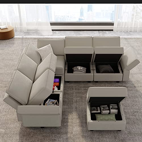 Belffin Modular Velvet Sectional Sofa with Chaise Lounge and Storage, Grey T418154