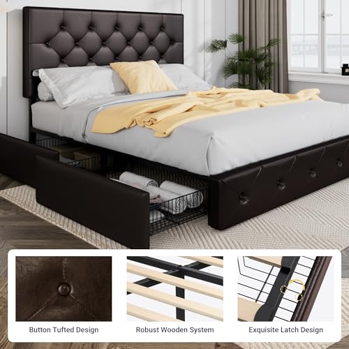 Allewie Upholstered Queen Platform Bed Frame with 4 Drawers and Headboard, Light Grey A922
