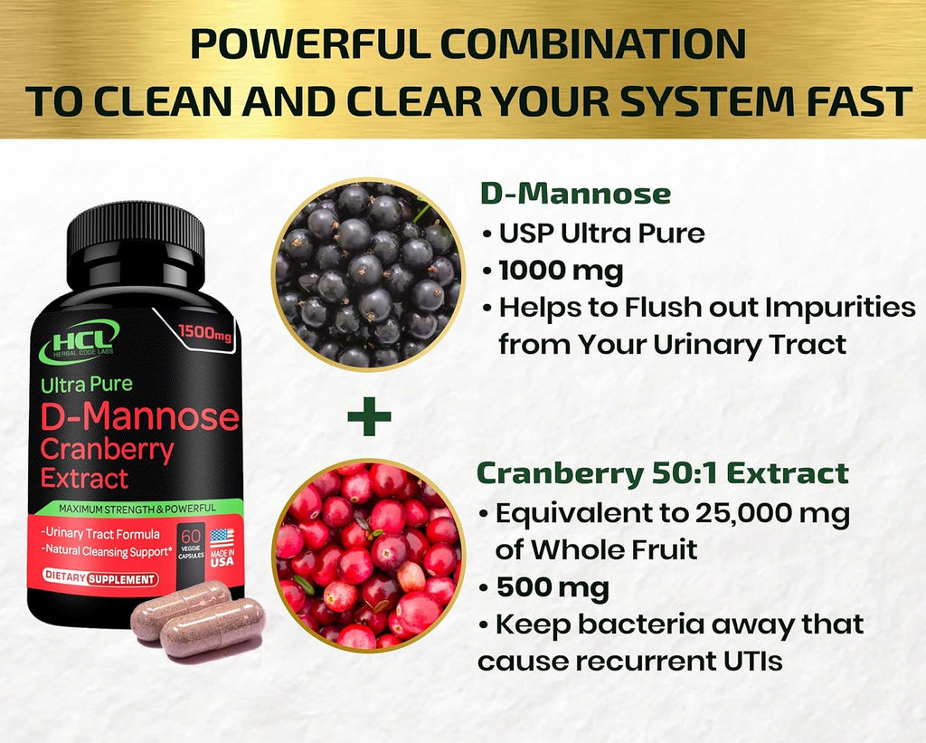D-Mannose with Cranberry Extract Capsules 1500mg for Urinary Tract Health G95756