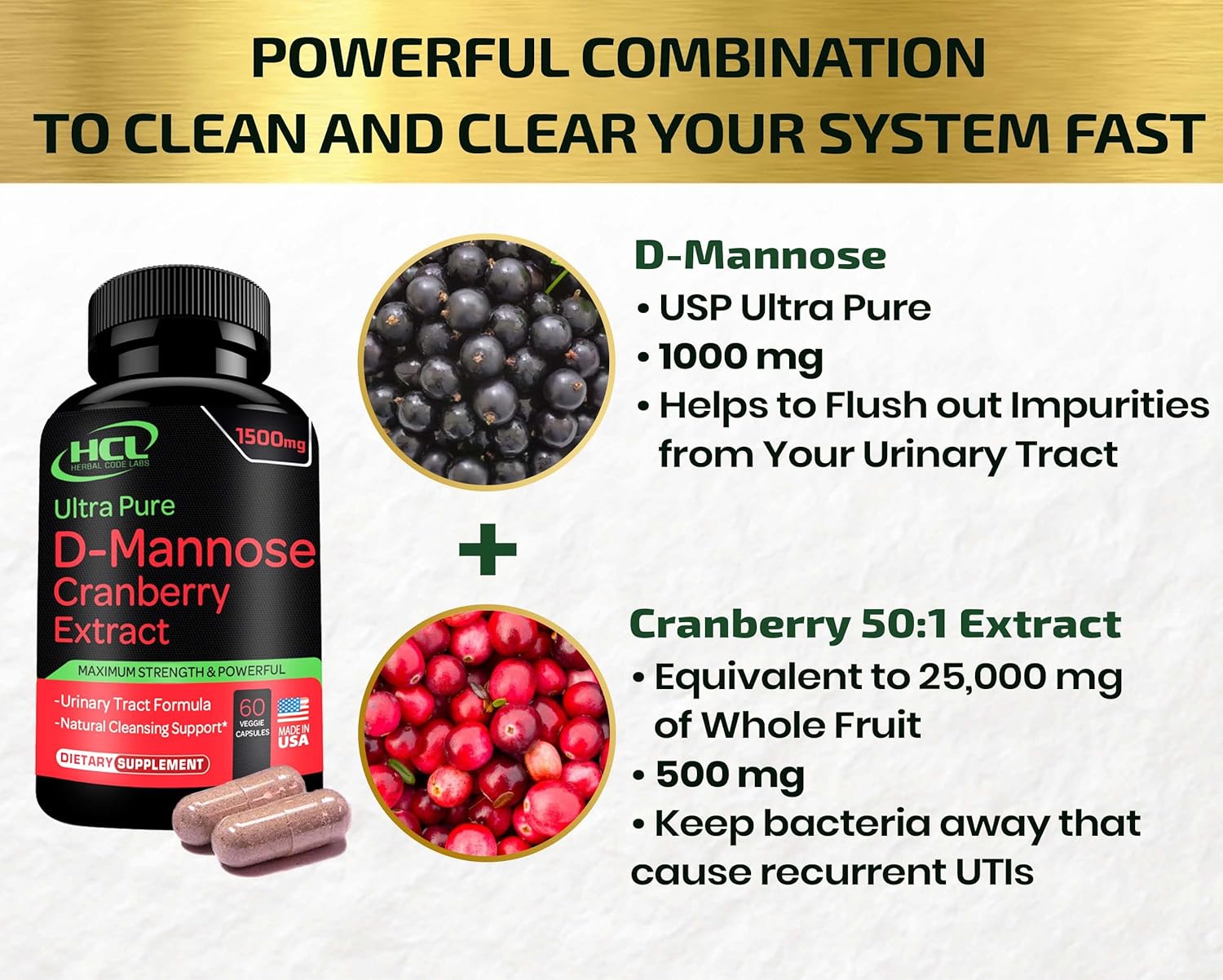 D-Mannose with Cranberry Extract Capsules 1500mg for Urinary Tract Health G95756