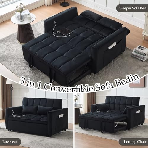 Modern 3 in 1 Convertible Sleeper Sofa Couch Bed with USB, Light Grey M684