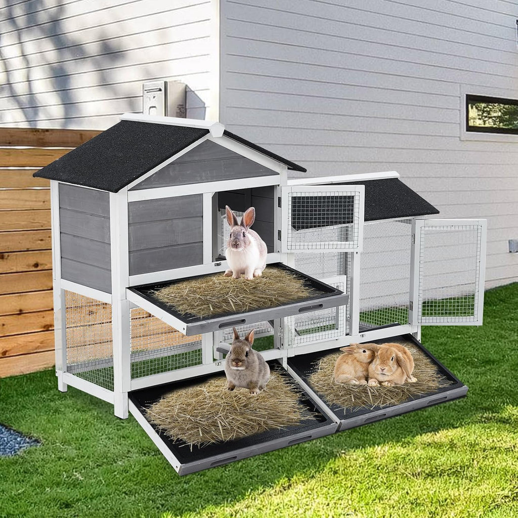 Gravee Two Floors 62" Wooden Waterproof Bunny Hutch Rabbit Cage with Stairs and Cleaning Tray M20193