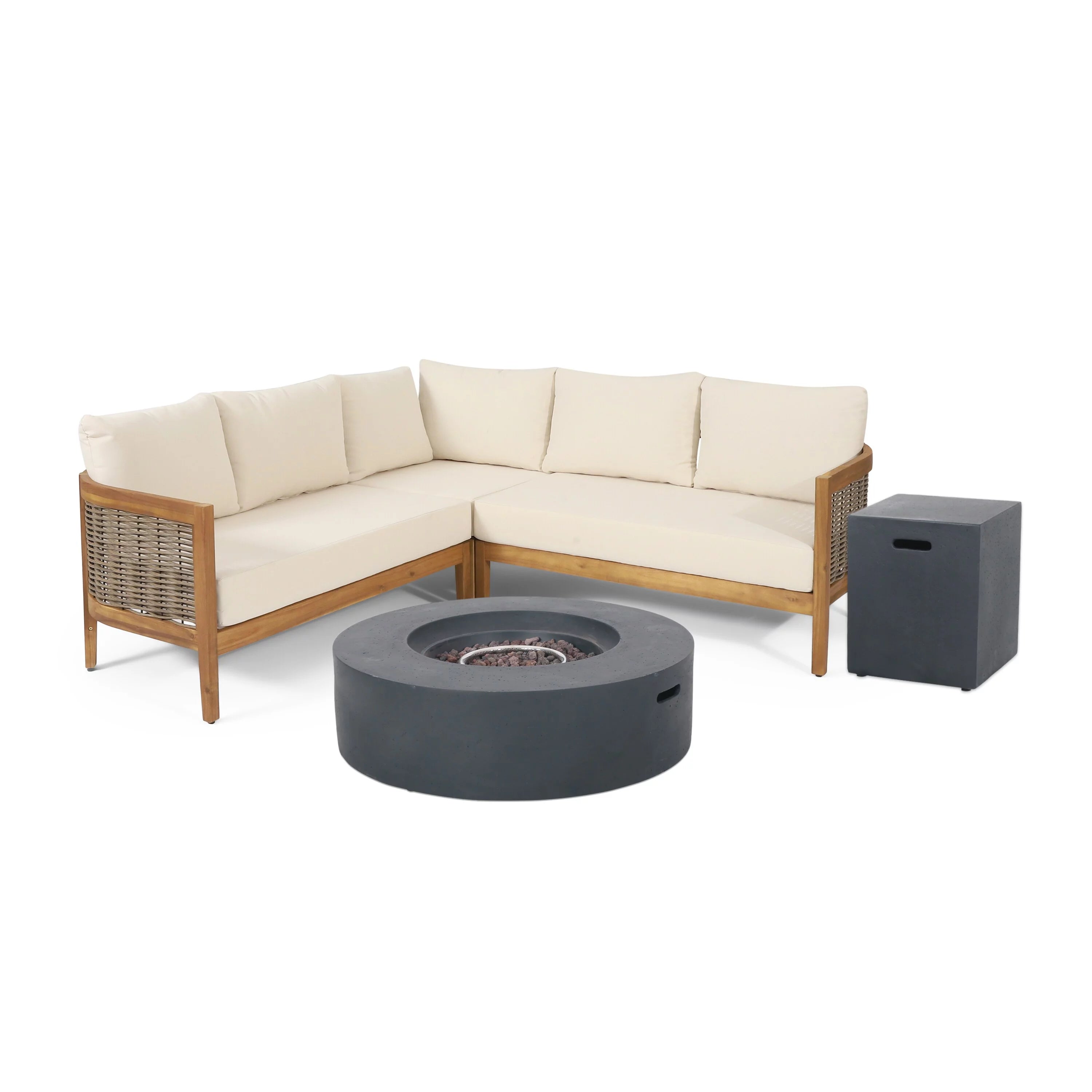 Christopher Knight Home Burchett Outdoor Acacia Wood Wicker 5 Seater Sectional Sofa Chat Set with Fire Pit P7246