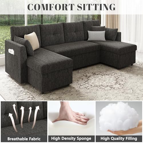 Oversized Sleeper Sofa Couch with Double Storage Chaise, Dark Grey U1381