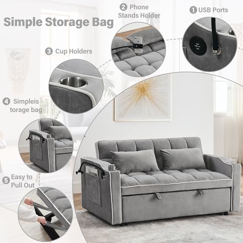 WIIS' IDEA Convertible Sofa Bed 3-in-1 Velvet Sleeper with Adjustable Backrest, Gray L188547