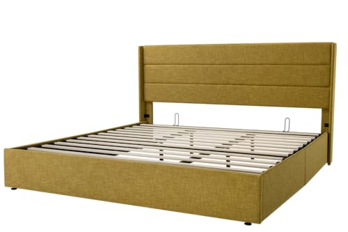 Allewie Full Size Lift Up Storage Bed with Wingback Headboard, Light Beige C85153