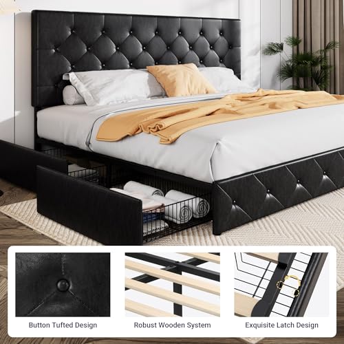 Allewie Upholstered Queen Platform Bed Frame with 4 Drawers and Headboard, Light Grey A922