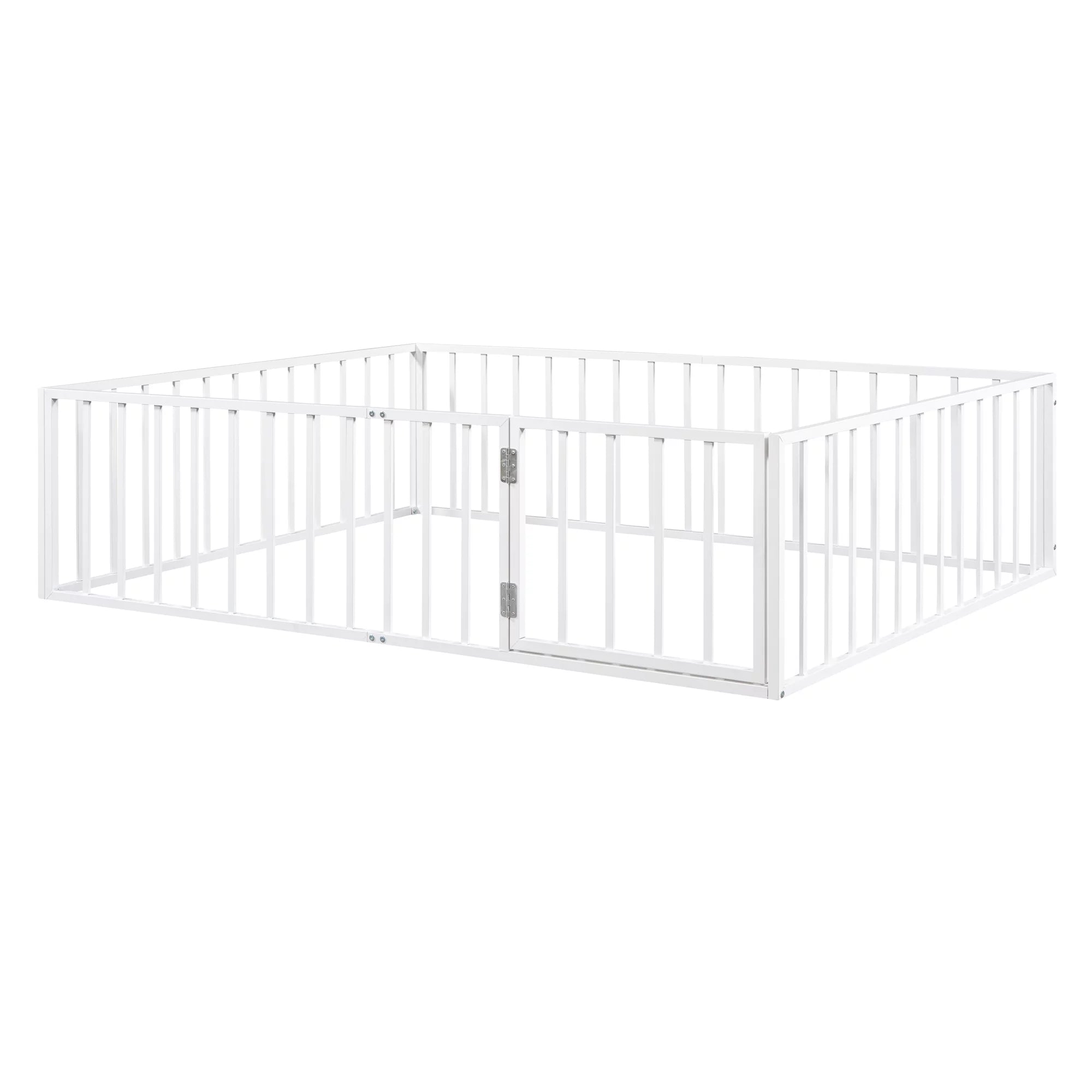 Bellemave Queen Metal Floor Bed with Fence Rails and Lockable Door, White N142