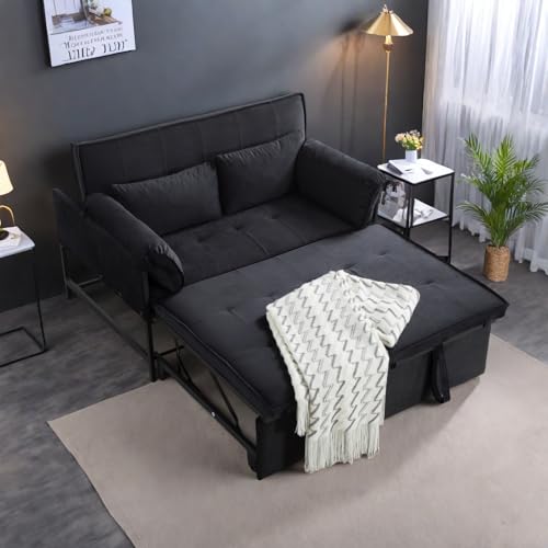 3 in 1 Sleeper Sofa Bed with Side Pocket, Black Convertible Futon Couch W34330