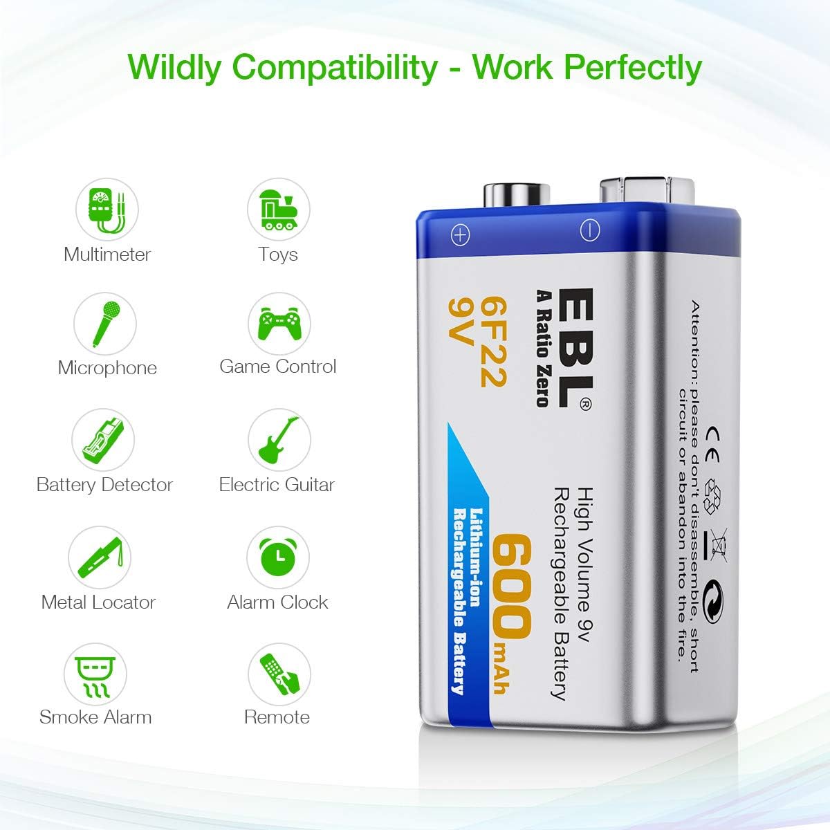 EBL 4-Pack 9V Li-ion Rechargeable Batteries with Charger H7959