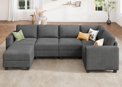 HONBAY Corduroy Modular Sectional Couch with Storage, Dark Gray A586576