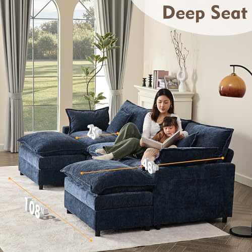 U Shaped Modular Sectional Sofa with Ottoman, Chenille, Black P2121