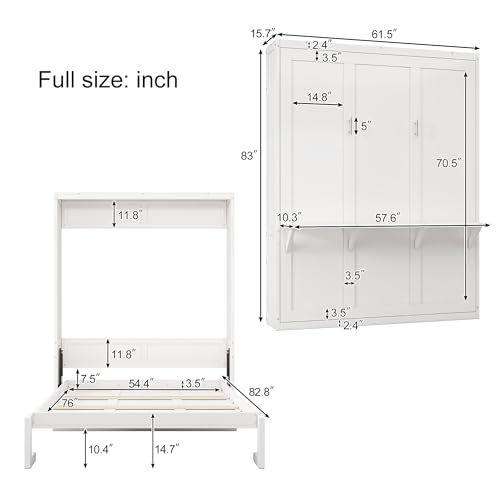 SOFTSEA Full Size Murphy Bed with Desk, Foldable Wall Bed for Guest Room, White W281