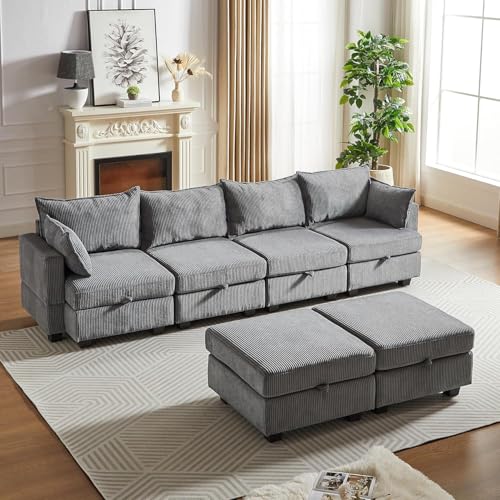Oversized Modular Sectional Sofa with Movable Ottomans, U-Shaped Chenille J2923