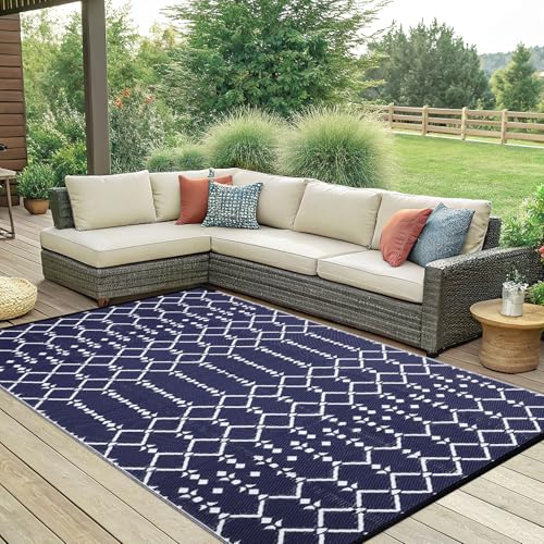 Smiry Waterproof Outdoor Rug 5x8 ft, Reversible Plastic Straw Patio Mat, Black & Beige P20186