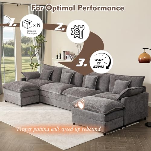 U Shaped Modular Sectional Sofa with Ottoman, Chenille, Black P2121