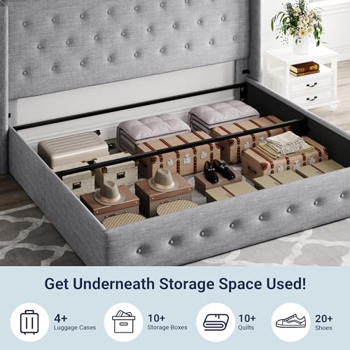 Allewie Full Size Lift Up Storage Bed with Wingback Headboard, Light Beige C85153