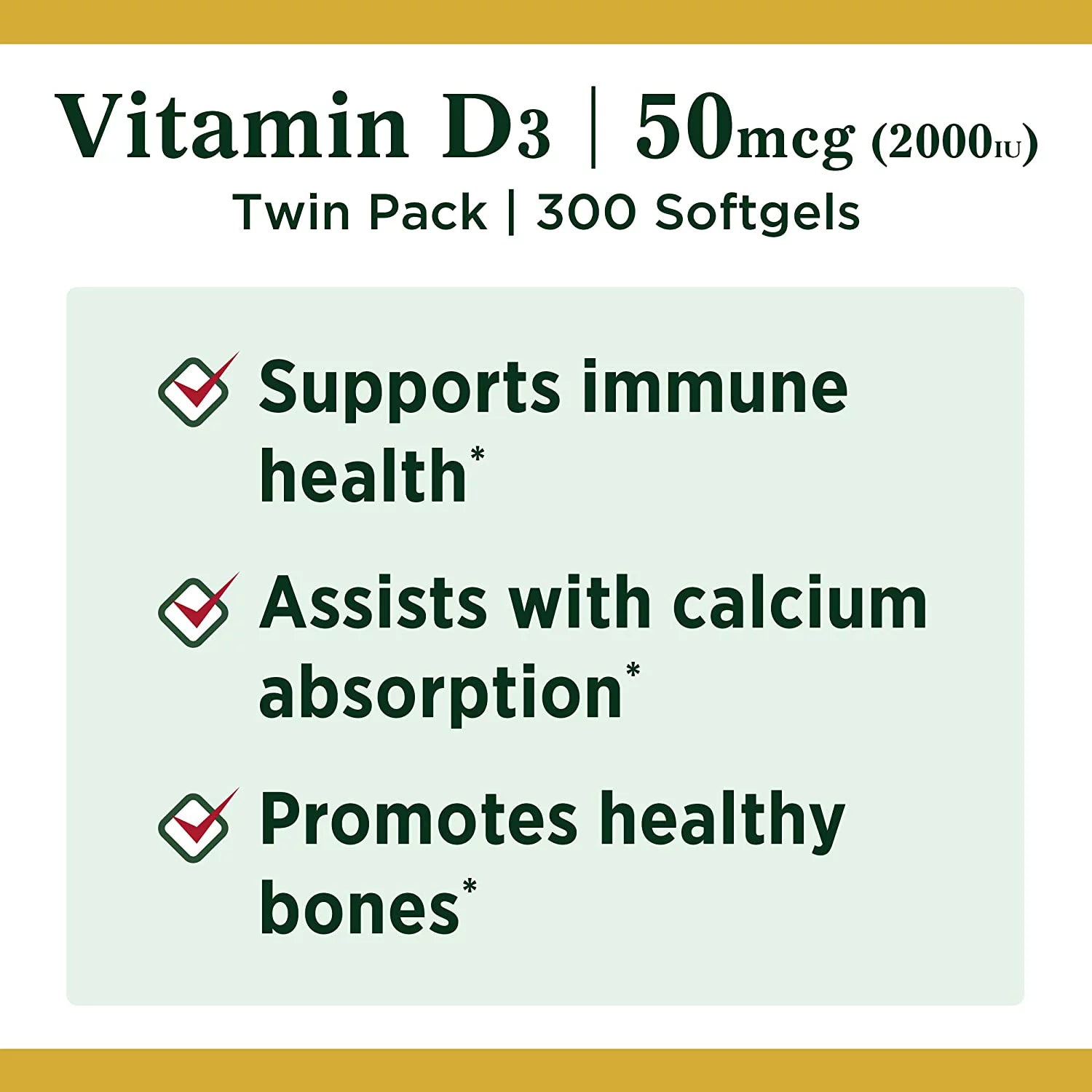 Nature's Bounty Vitamin D3 Softgels, 2000 IU, 150 Ct, 2 Pack H319