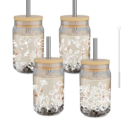 Cute Glass Cups with Bamboo Lids Straws,4 Pack 16oz Drinking Glasses with Design,Wild Flower Can Shaped Cup,Aesthetic Iced Coffee Glass,Clear Glass Tumbler,Vasos de Vidrio for Smoothie,Beer,Soda,Tea