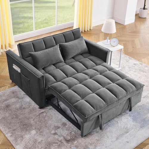 3 in 1 Convertible Sleeper Sofa Bed Futon with Adjustable Backrest, Velvet, Black Q74350