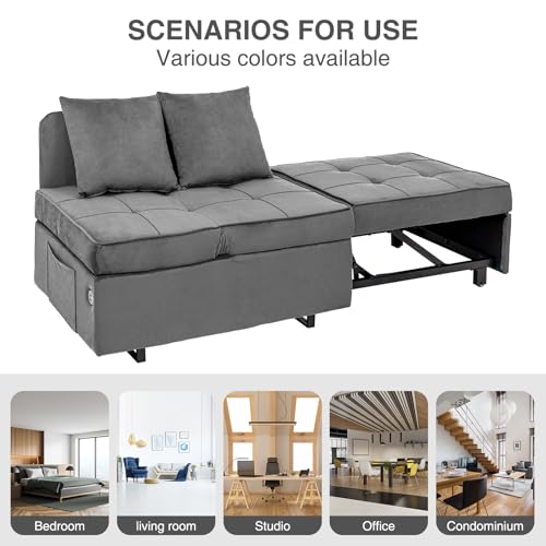 Velvet Convertible Sofa Bed Sleeper Chair with 2 Throw Pillows, Dark Grey U621331