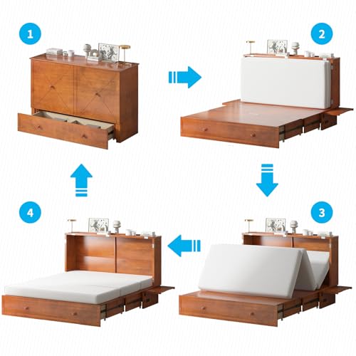 Mjkone Queen Size Murphy Bed with Tri-Folding Mattress and Charging Station N4725