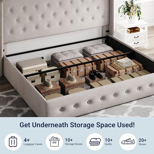 Allewie Full Size Lift Up Storage Bed with Wingback Headboard, Light Beige C85153