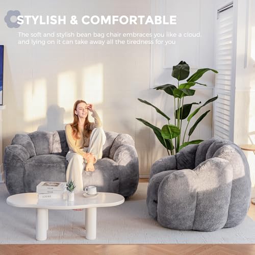 MAXYOYO Floral Shaped Bean Bag Sofa for Adults, Faux Fur, Beige M8911