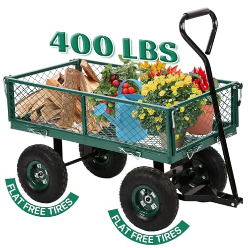 Garden Carts Utility Wagon 400lb Weight Capacity Yard Dump Wagon Cart,Wagon Carrier with Sturdy Steel Frame & 10in Tires,Heavy Duty Wheelbarrow for Outdoor Lawn Landscape(Green)