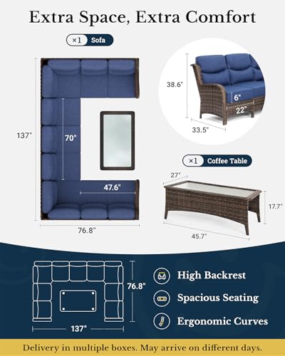 Luxury Patio Furniture Set 7PCS Wicker Conversation Set with Blue Cushions J5390