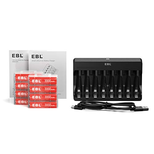 EBL 8 Pack Rechargeable Lithium AA Batteries with Charger B631