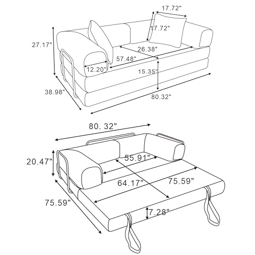 81" Foldable Convertible Sleeper Sofa Bed with Corduroy Upholstery and Pillow S23688