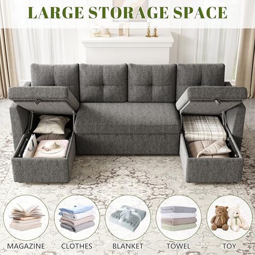 Oversized Sleeper Sofa Couch with Double Storage Chaise, Dark Grey U1381