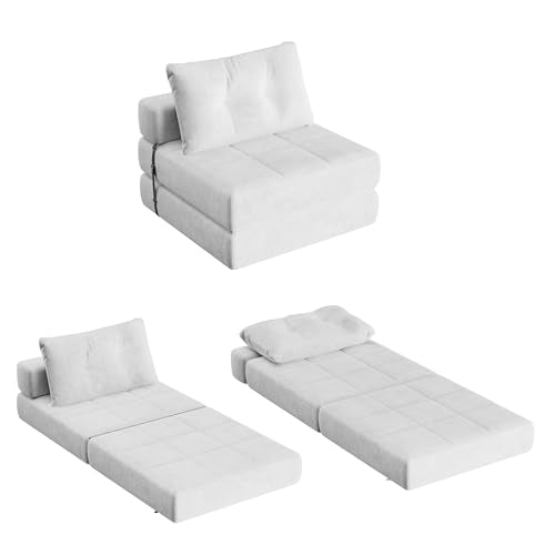 Homall Folding Sofa Bed with Headrest & Lumbar Pillow, Chenille Fabric, White M9437