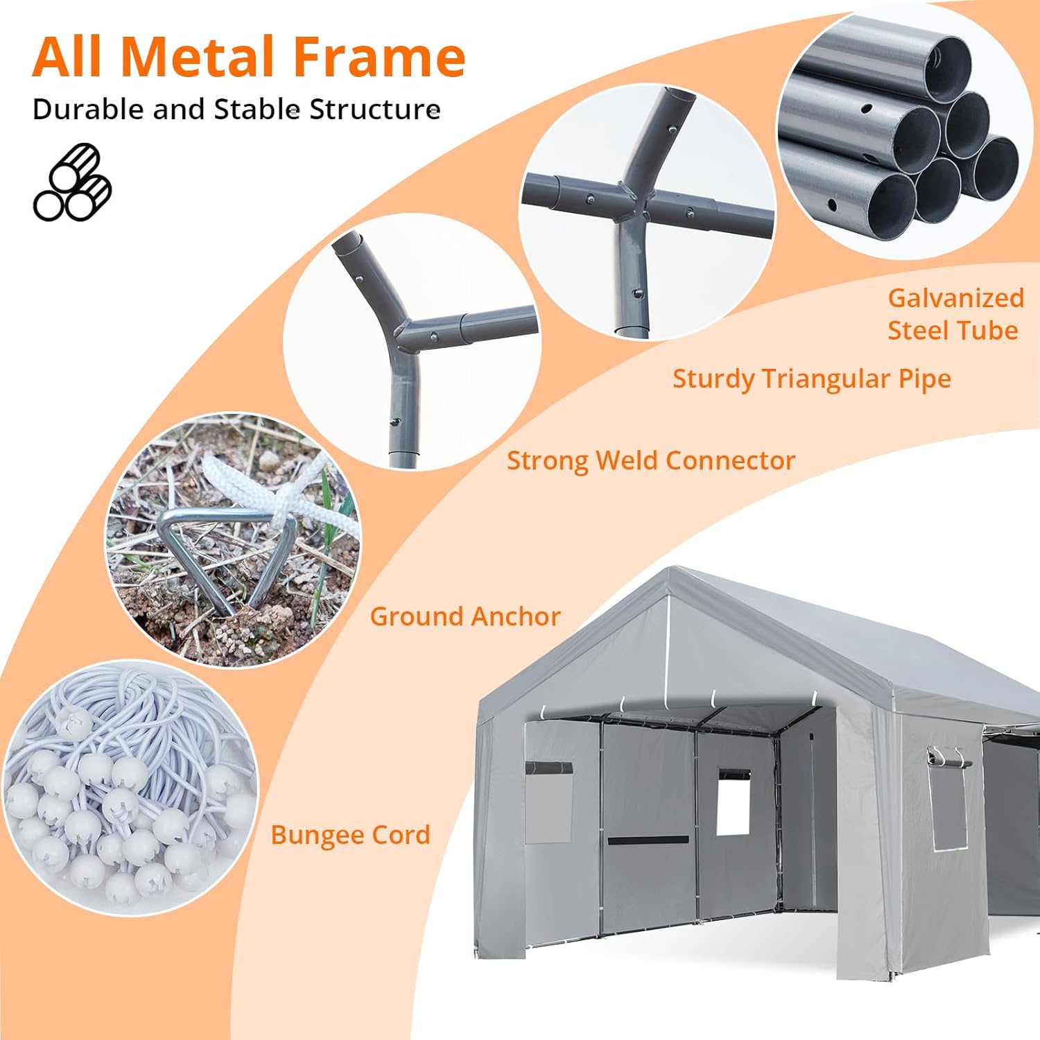 Carport 10×20 FT Portable Garage, Heavy Duty Steel Frame with Roll-up Doors, Grey W27744
