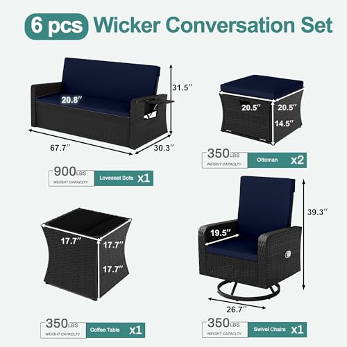 6 Piece Wicker Patio Furniture Set with Swivel Recline Chairs and Storage Ottoman X6280