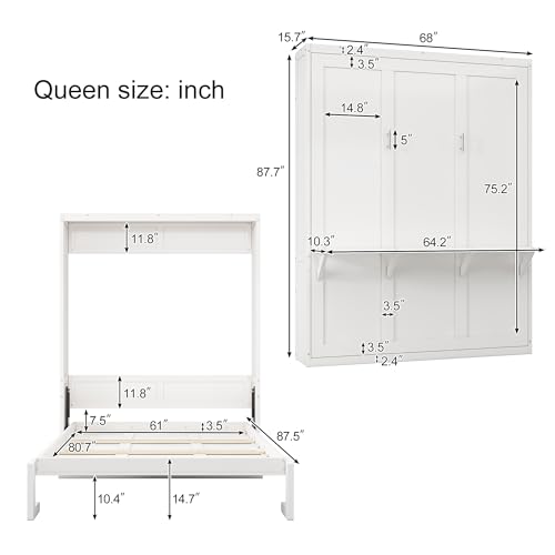 SOFTSEA Full Size Murphy Bed with Desk, Foldable Wall Bed for Guest Room, White W281