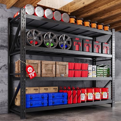 71" W Heavy Duty Steel Garage Shelving, 4-Tier Adjustable Storage Rack, Black C40455