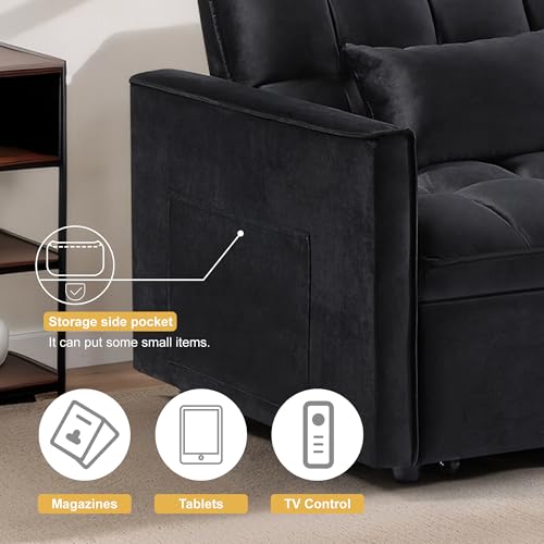 3 in 1 Sleeper Sofa Bed with Side Pocket, Black Convertible Futon Couch W34330