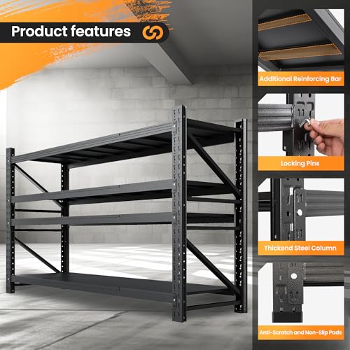 71" W Heavy Duty Steel Garage Shelving, 4-Tier Adjustable Storage Rack, Black C40455