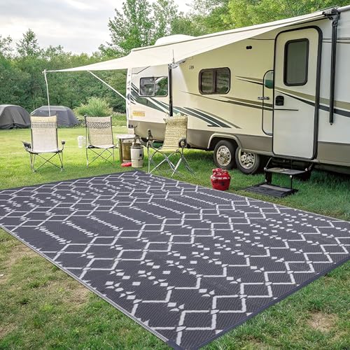 Smiry Waterproof Outdoor Rug 5x8 ft, Reversible Plastic Straw Patio Mat, Black & Beige P20186