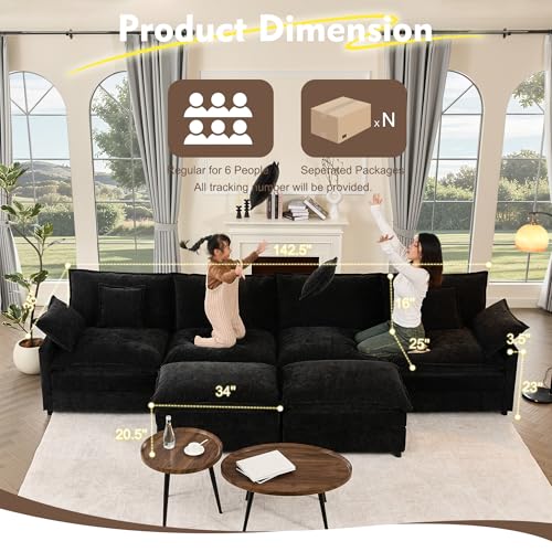 U Shaped Modular Sectional Sofa with Ottoman, Chenille, Black P2121
