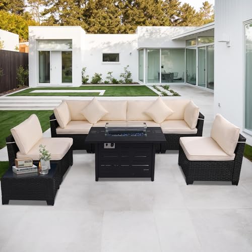 KIGOTY Patio Furniture Set 7 Pieces Outdoor Sectional Sofa with Cushions and Glass Coffee Table B60021