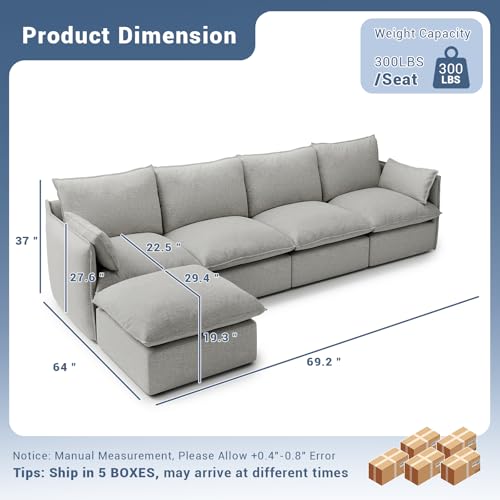 Cloud Modular Sectional Sofa, Waterproof Down Filled, High Backrest 5 Seater, Dark Gray J53470